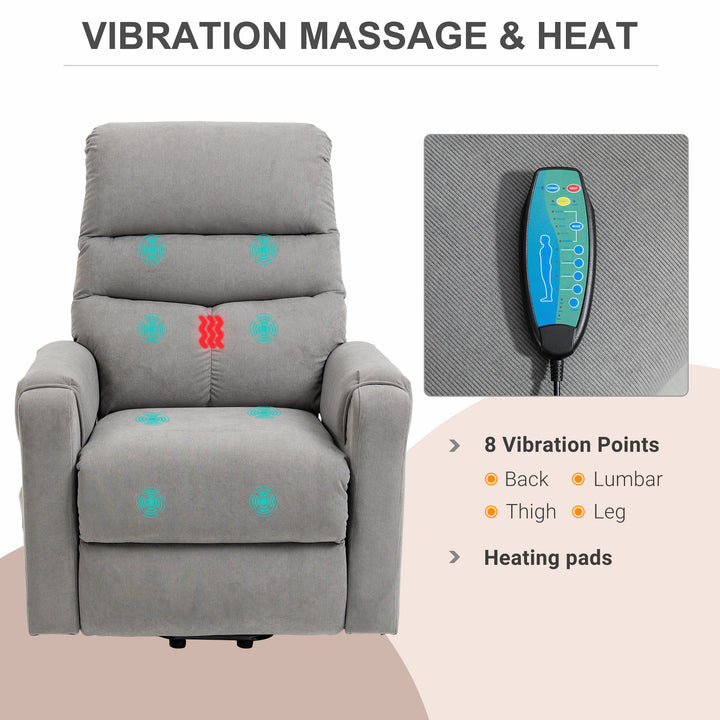 Tv-stol med elektrisk hæve-sænke, massagestol med lænefunktion og varmefunktion, afslapningsstol med fjernbetjening og sidelomme, justerbart polyesterstof, mørkegrå