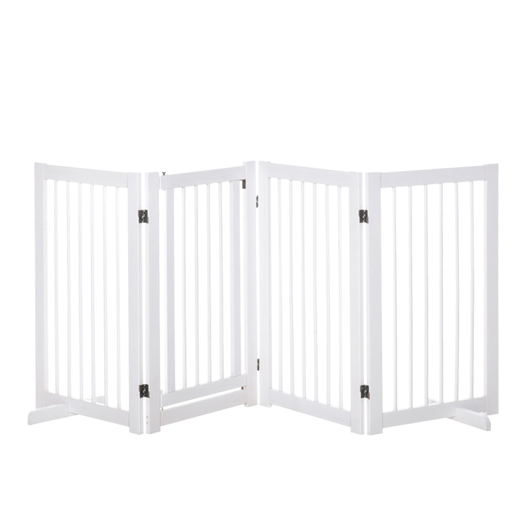 Hundesikkerhedsgitter, sæt med 4 dele, 220 x 91 cm, foldbart, med dør, fritstående hundegitter med 2 støttefødder, trætrappegitter til entré, køkken, trappe, hvid