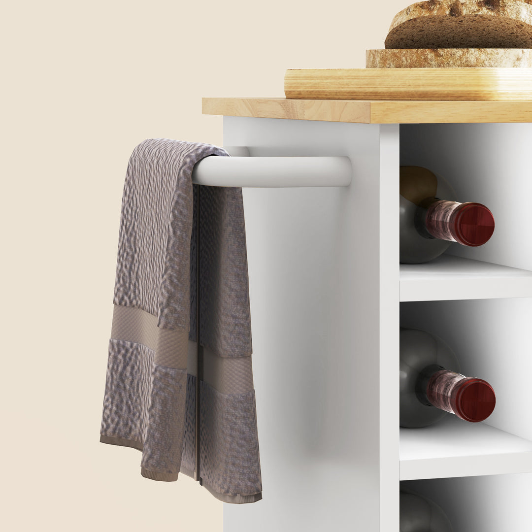 Køkkenvogn, rullende køkkenø, køkkenvogn med rum, vinreoler, skab og bordplade, hvid