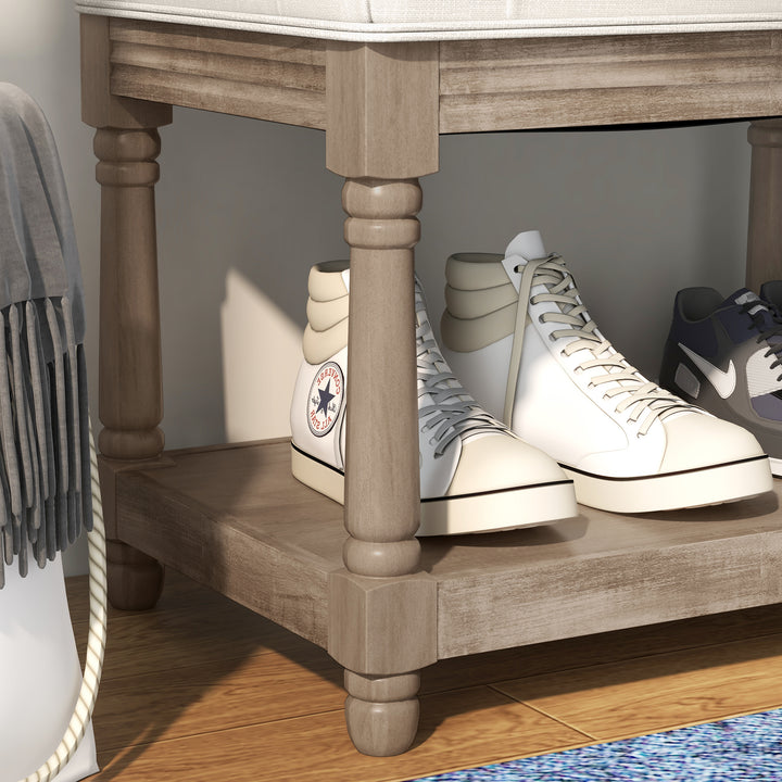 Bænk med opbevaring, vintage design, knapsøm, gummitræ, 115x40x48cm, cremehvid