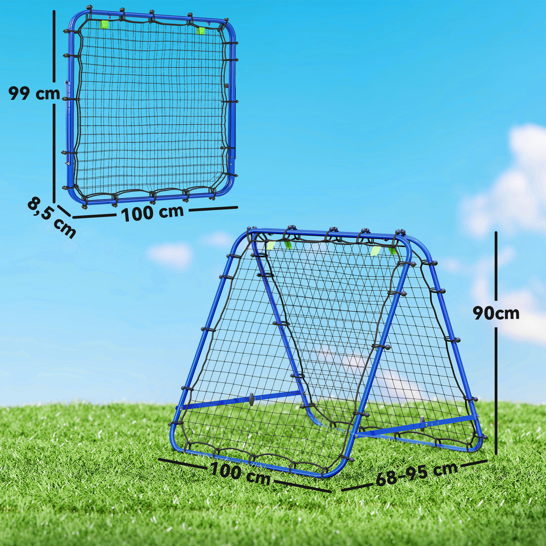 Dobbeltsidet rebounder til fodbold, justerbar reboundvæg med 5 vinkelpositioner, 100 x 68-95 cm kickback-mål til ungdom, reboundvæg til håndboldtræning, blå