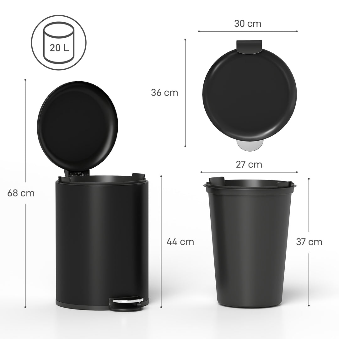 20-liters køkkenaffaldsspand, fingeraftryksbestandig metalaffaldsspand med soft-close låg, fodpedal og aftagelig inderspand, sort