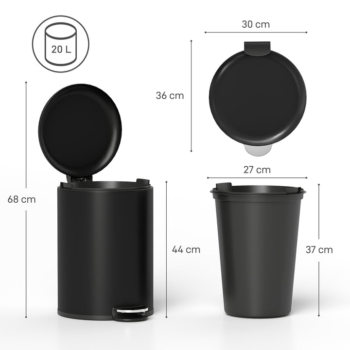 20-liters køkkenaffaldsspand, fingeraftryksbestandig metalaffaldsspand med soft-close låg, fodpedal og aftagelig inderspand, sort