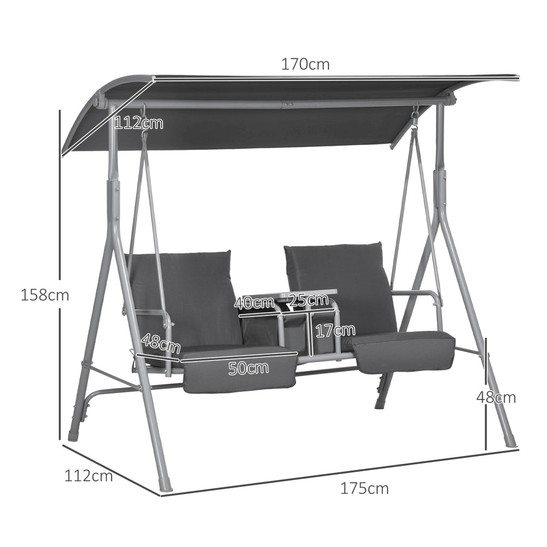 2-Personers verandagynge med baldakin og bord, metalstel, op til 180 kg, 175 x 110 x 165 cm, sort