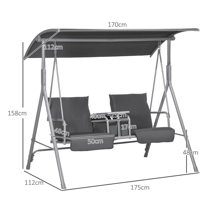 2-Personers verandagynge med baldakin og bord, metalstel, op til 180 kg, 175 x 110 x 165 cm, sort