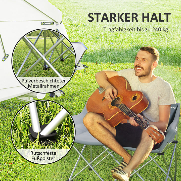 Klapstol 2-personers foldbar campingstol med armlæn sidelomme op til 240 kg lasteevne grå