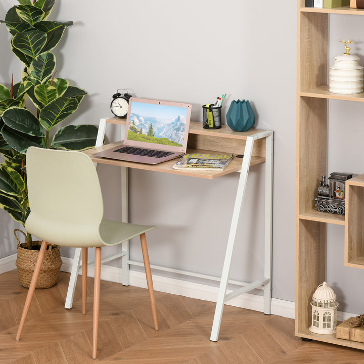 Skrivebord, computerbord med opbevaring og kabelhåndtering, moderne skrivebord med metalramme til studie, soveværelse, hjemmekontor, 84 x 45 x 85 cm, hvid + eg