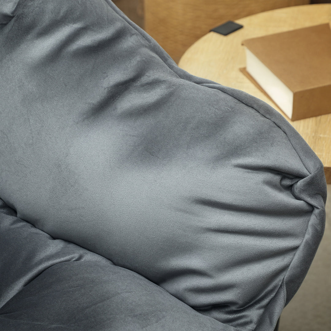 Moderne accentstol, polstret stol med stålben og sidelommer, til stue, soveværelse, grå