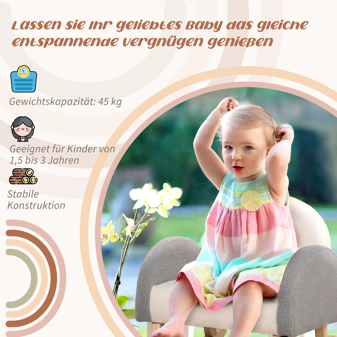 Gyngestol til småbørn, sødt design, kunstigt fåreskind, eukalyptustræ, 50 x 45 x 44 cm, grå+lyserød+creme