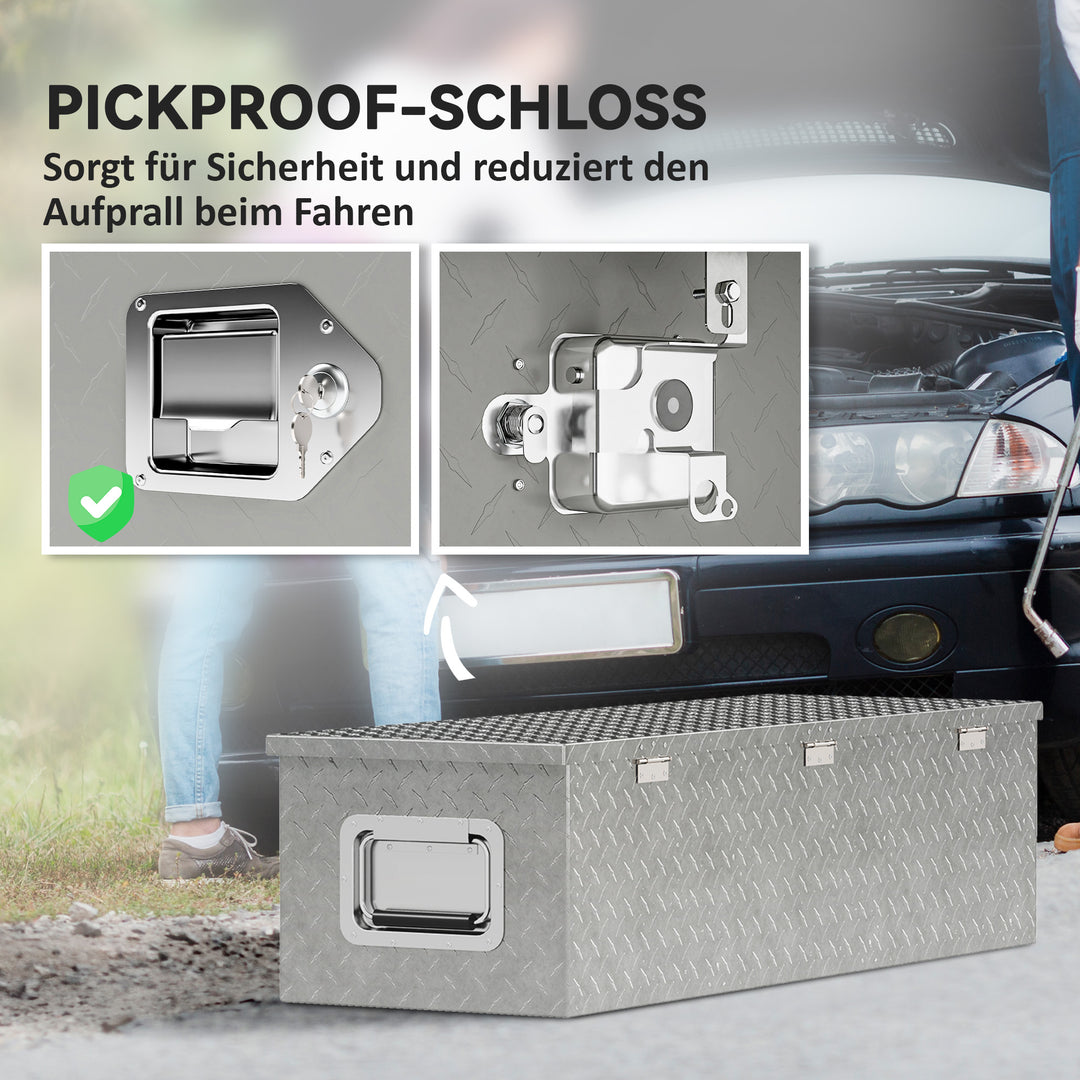 Robust opbevaringskasse i aluminium med sidehåndtag, lås og nøgler, værktøjskasse, 99 x 33 x 25,5 cm