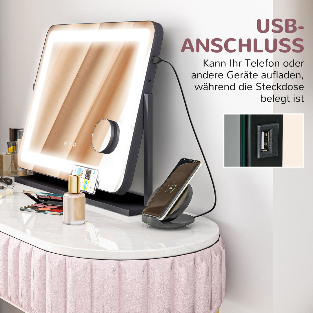 Makeupspejl med led-lys, usb-port, 3 tilstande, roterbar, sort