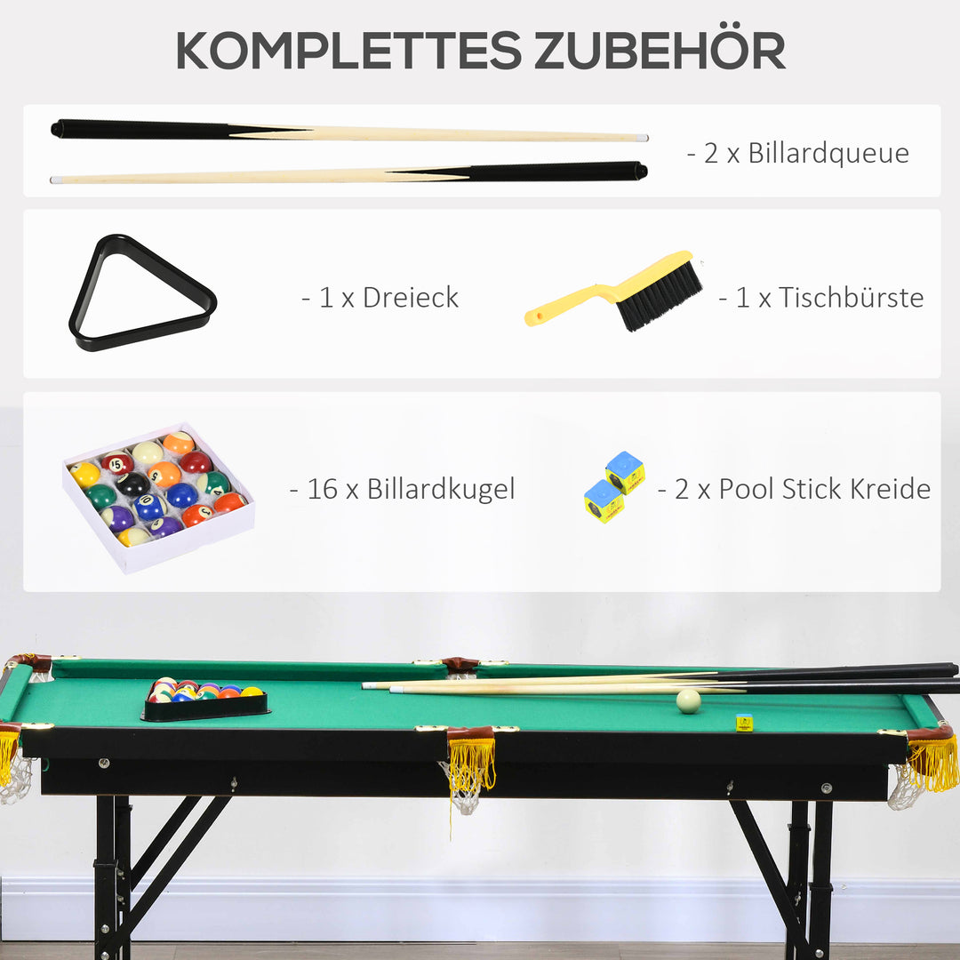 Sammenklappeligt, højdejusterbart poolbord, inklusive trekant/2 køer/16 kugler, grøn
