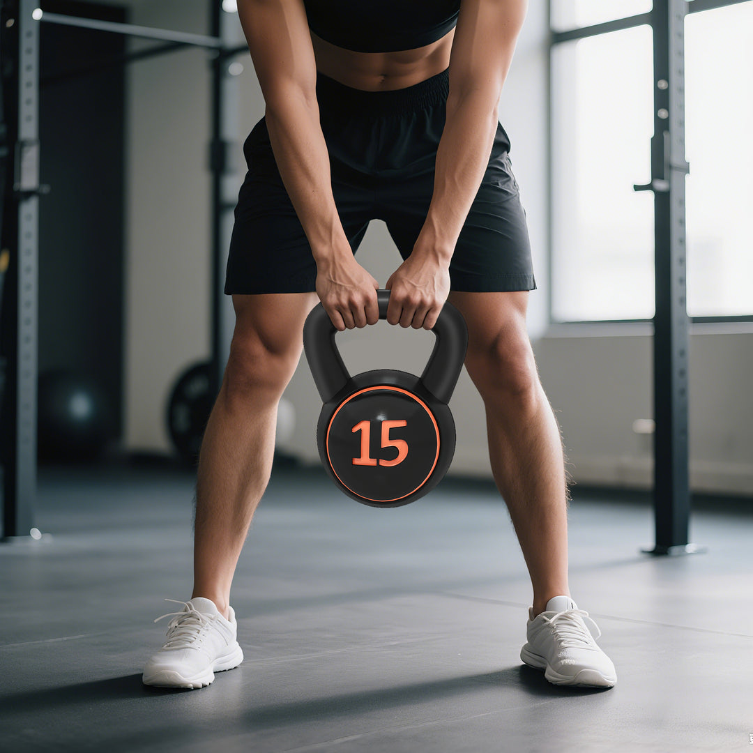 Kettlebell-sæt, 3 kettlebells 2,2 kg/4,5 kg/6,8 kg, plastikhus, sort