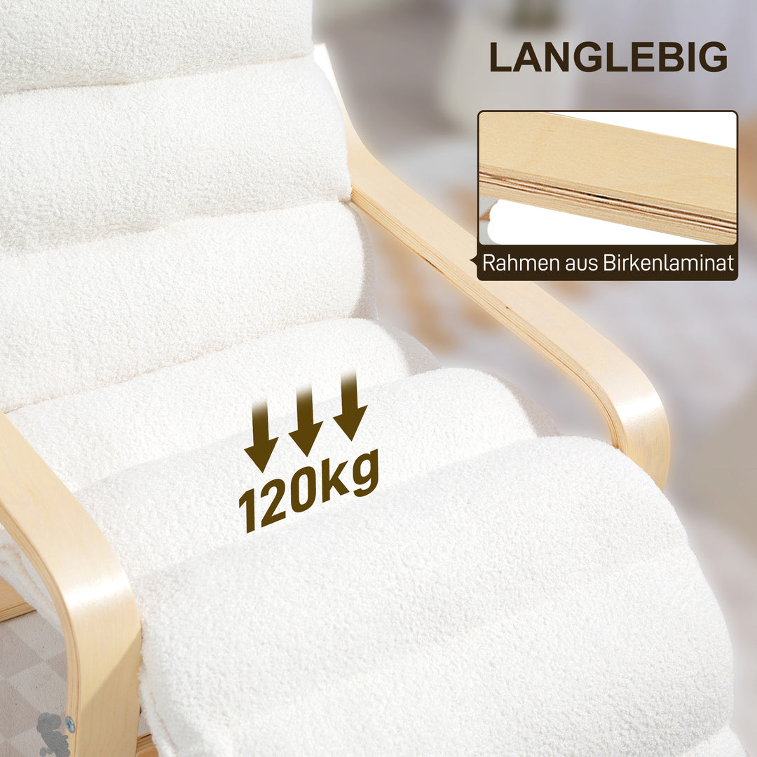 Loungestol i birketræ, polstret stol, justerbar fodstøtte, hvid