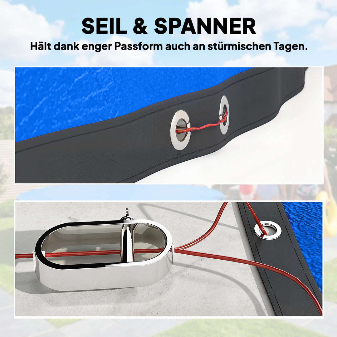 Rundt poolovertræk Ø 450 cm, støvtæt og vandtæt presenning med fastgørelsesline og strammer, til sommer og vinter, blå
