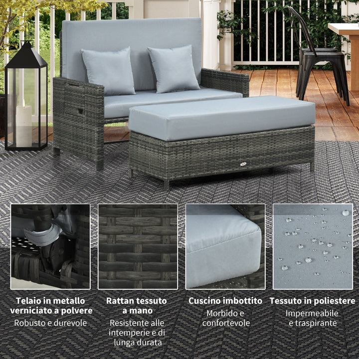 Havesofa med lænefunktion, udtrækkelig fodskammel med opbevaringsplads, sædehynde, grå, 130 x 72 x 96 cm