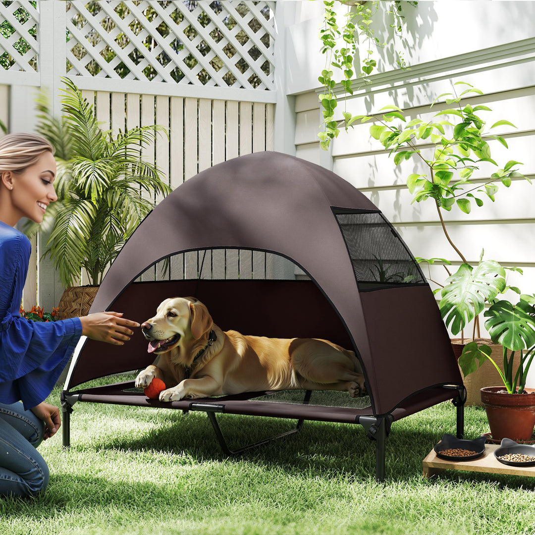 Udendørs hundeseng med tag, hævet hundeseng til store hunde, 106 x 76 x 99 cm, kaffe
