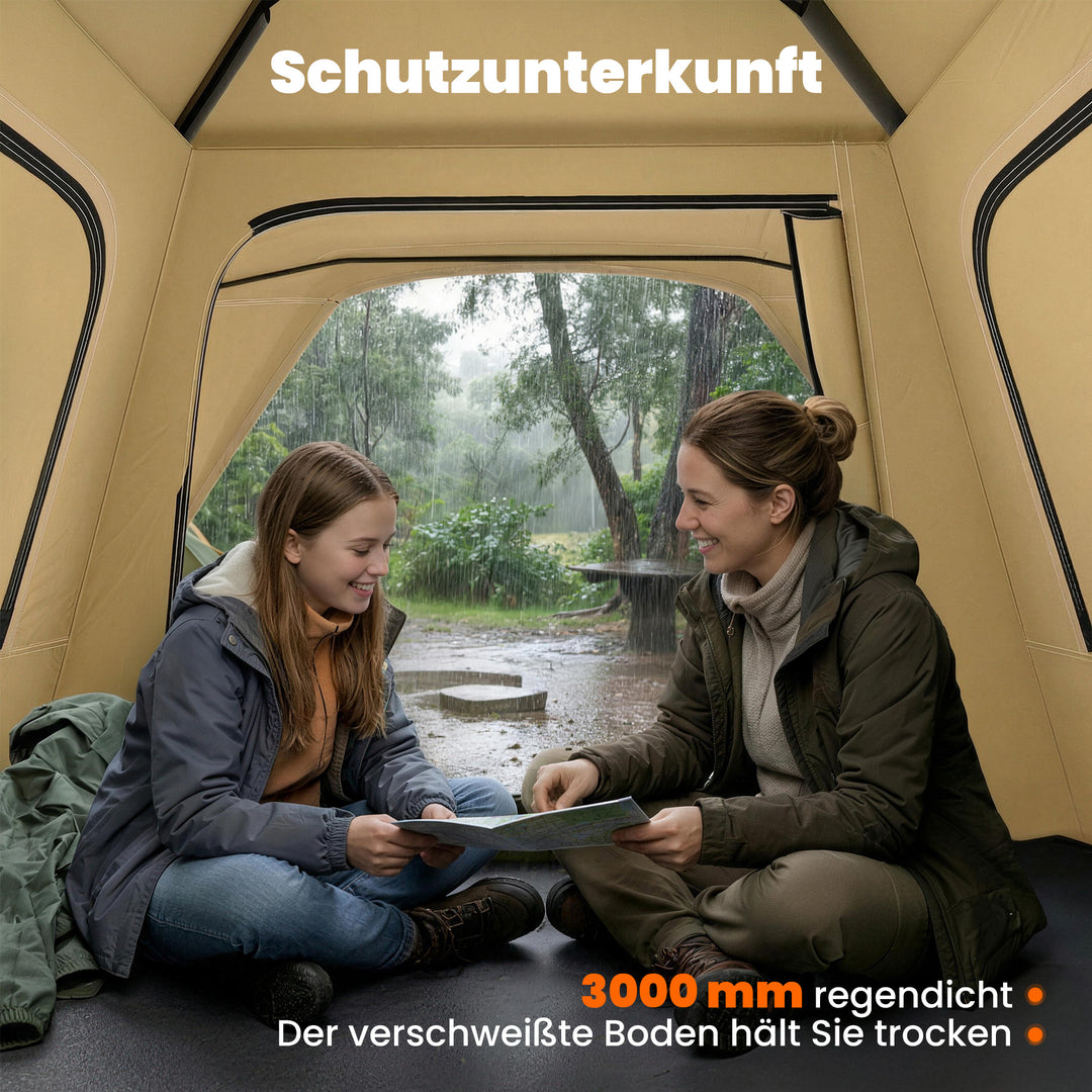 Pop-up-telt med regnslag, vandtæt kuppeltelt til 2-3 personer med 2 døre og 2 vinduer, 240x240x160 cm, khaki