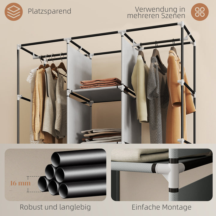 Stofgarderobe, opbevaringsløsning, 8 hylder, 2 garderobestativer, grå