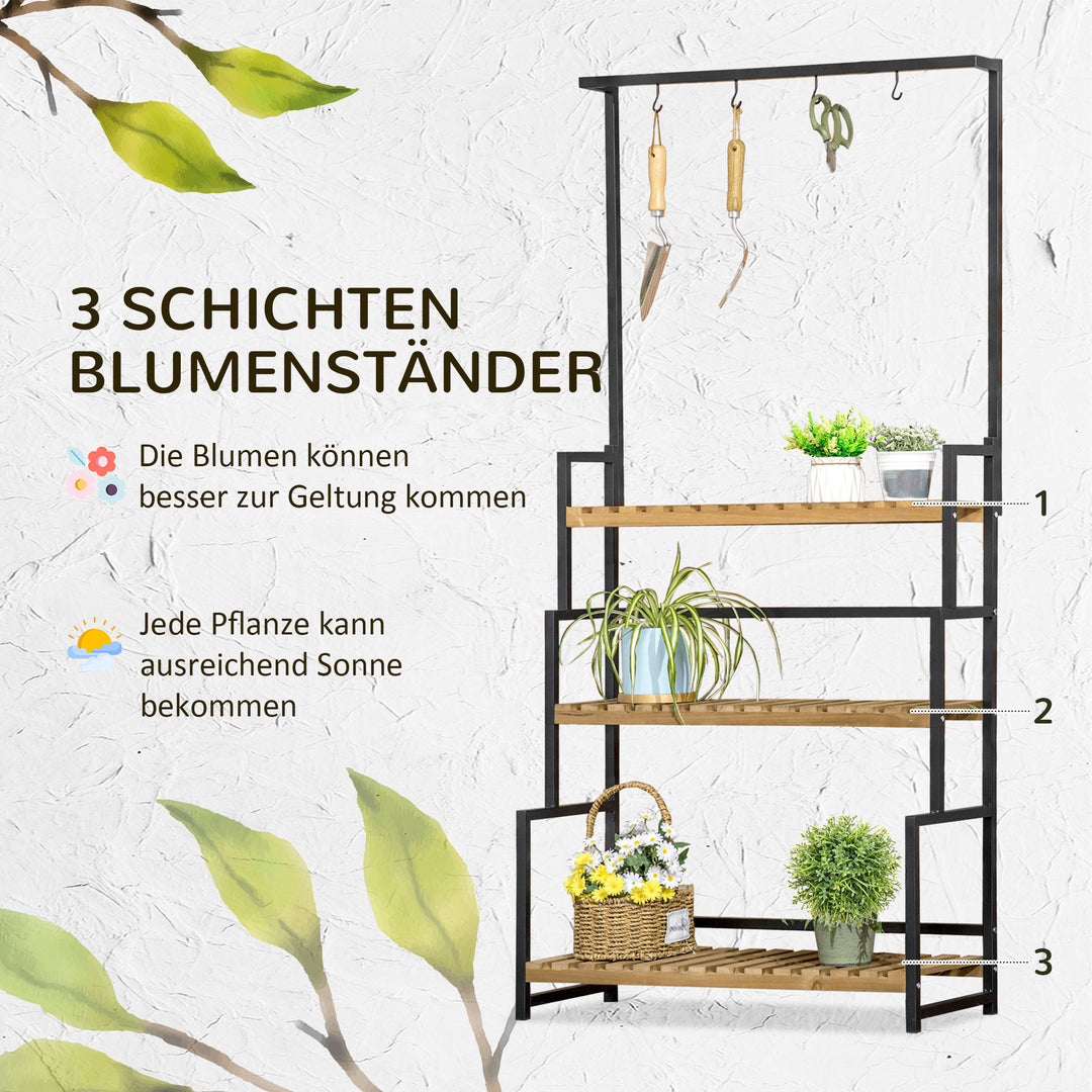 Plantestativ med 3 niveauer og monteringskroge, blomsterstativ af naturtræ, 80 cm x 36 cm x 174 cm, naturtræ