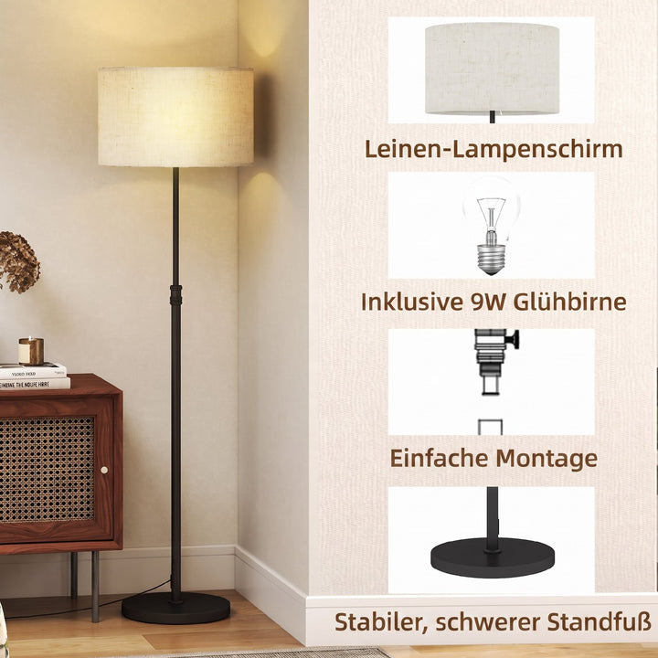 Dæmpbar gulvlampe med linnedskærm, E27, højdejusterbar, sort