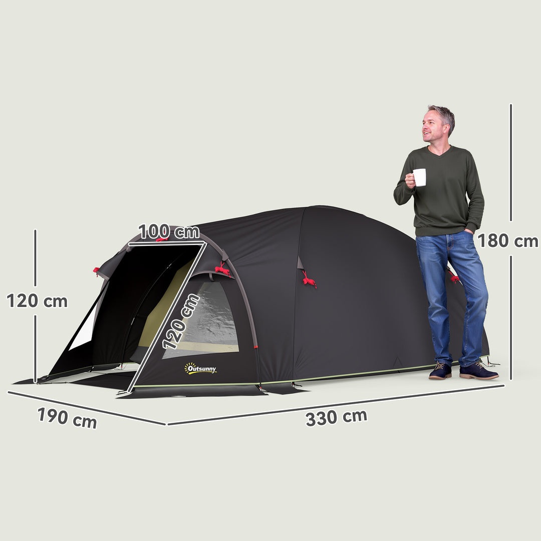 Let og stabilt 2-personers campingtelt med UV 50+ beskyttelse, tunneltelt med markise, sidedør og vindue, sort