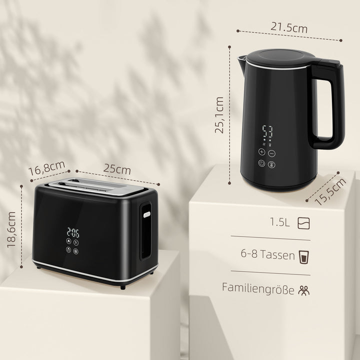 Køkkensæt med elkedel og brødrister, 7 bruningsniveauer, hurtig tilberedning, rustfrit stål, plastik, sort