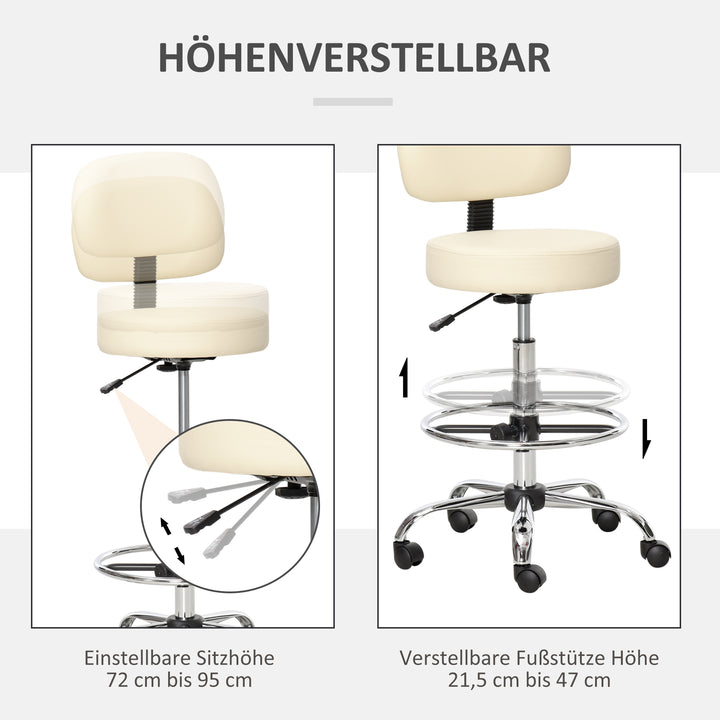 Barstol, højdejusterbar barstol med hjul lavet af kunstlæder, 360° drejelig med ryglæn polstret beige 56 x 57 x 104-127 cm