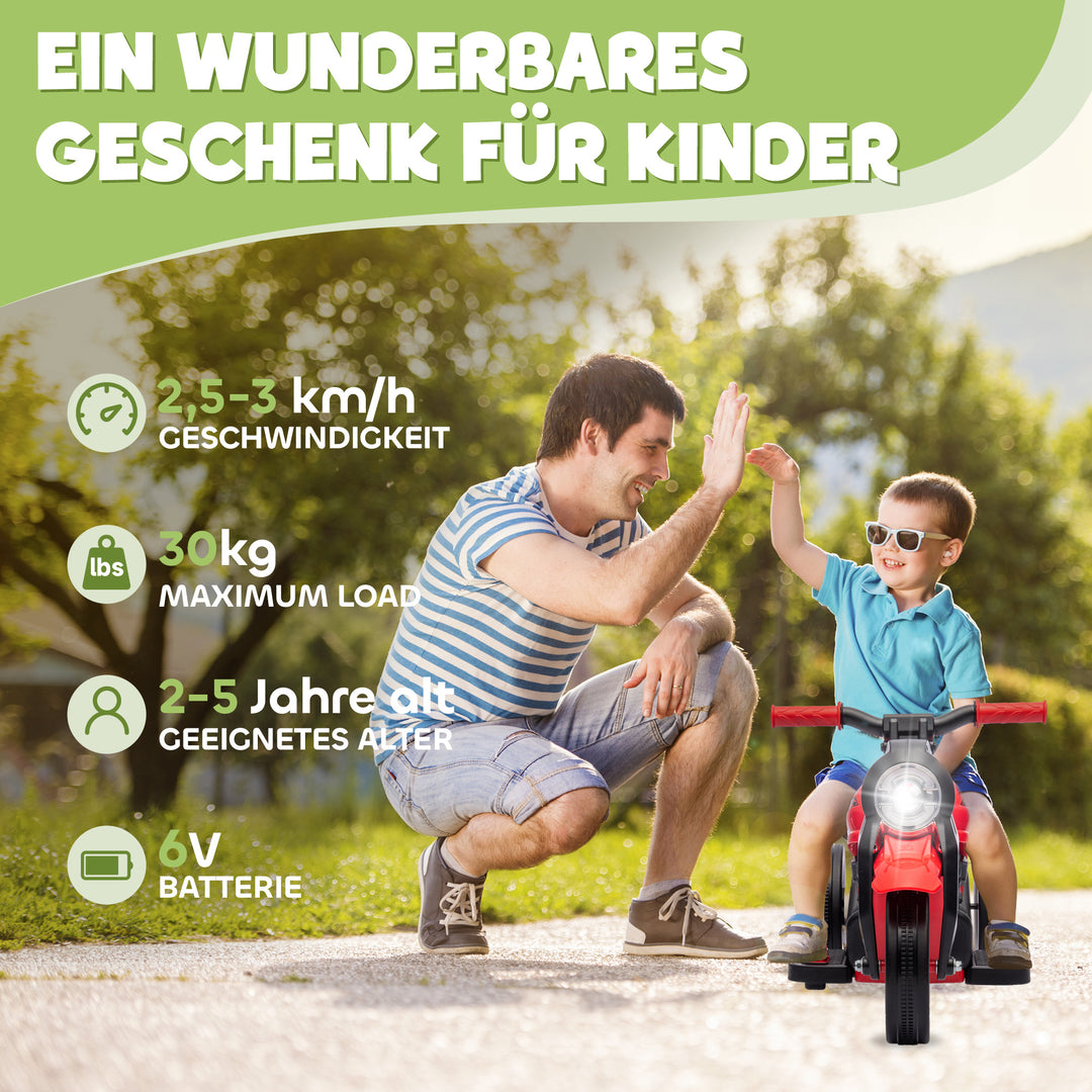 Børne-elmotorcykel, 6V børnemotorcykel med musik, blæser 2,5-3 km/t, til børn i alderen 2-5 år
