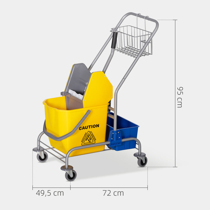 Rengøringsvogn, moppevogn, 25 l kapacitet, 4 hjul, plastik, gul