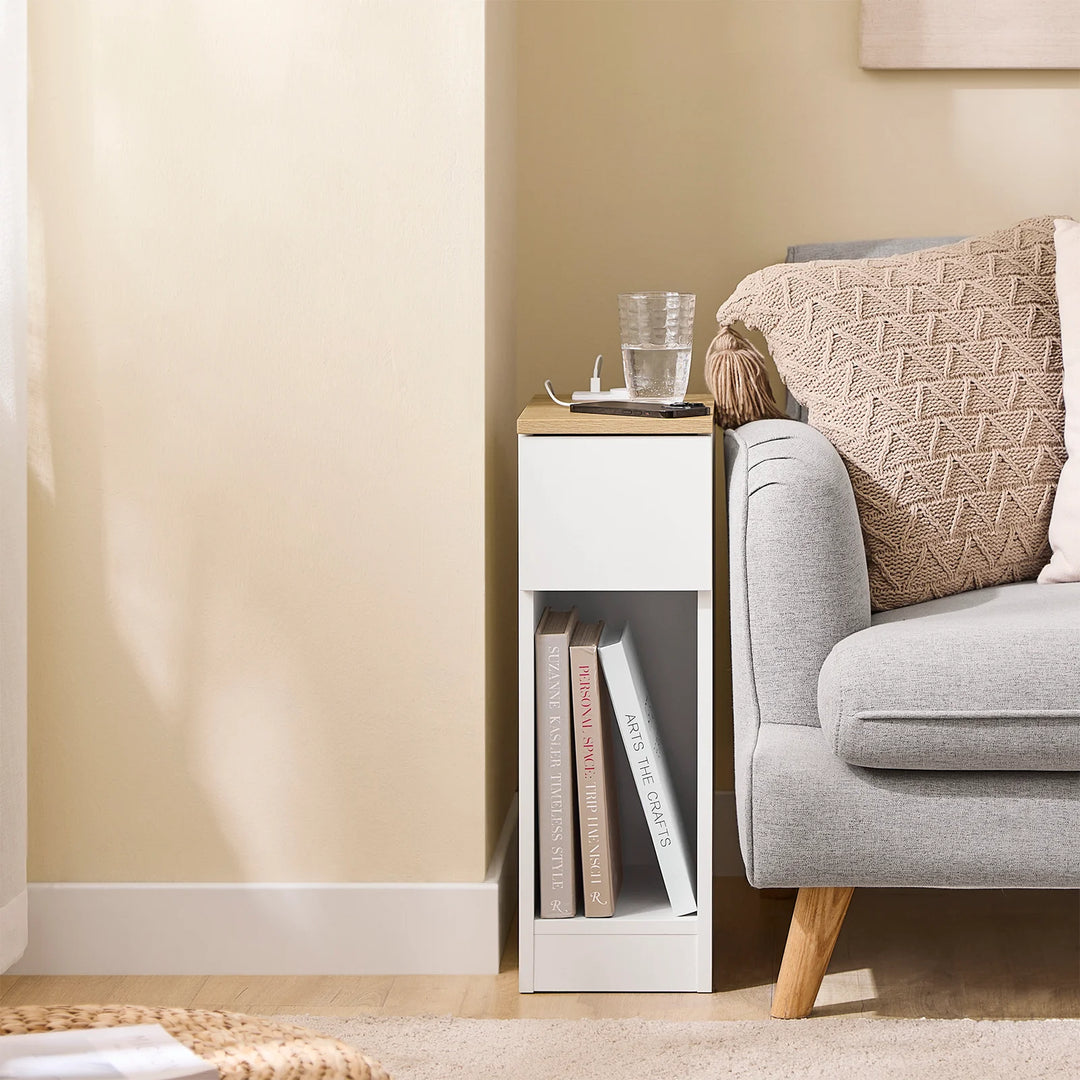 Sæt med 2 x natborde, pladsbesparende, indbygget ladestation, skandi-stil, 20 x 35 x 60 cm, hvid