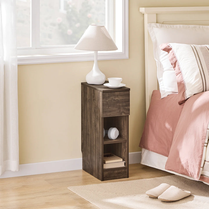Elegant og pladsbesparende sengebord med skuffe i trælook (20 x 60 x 35 cm)