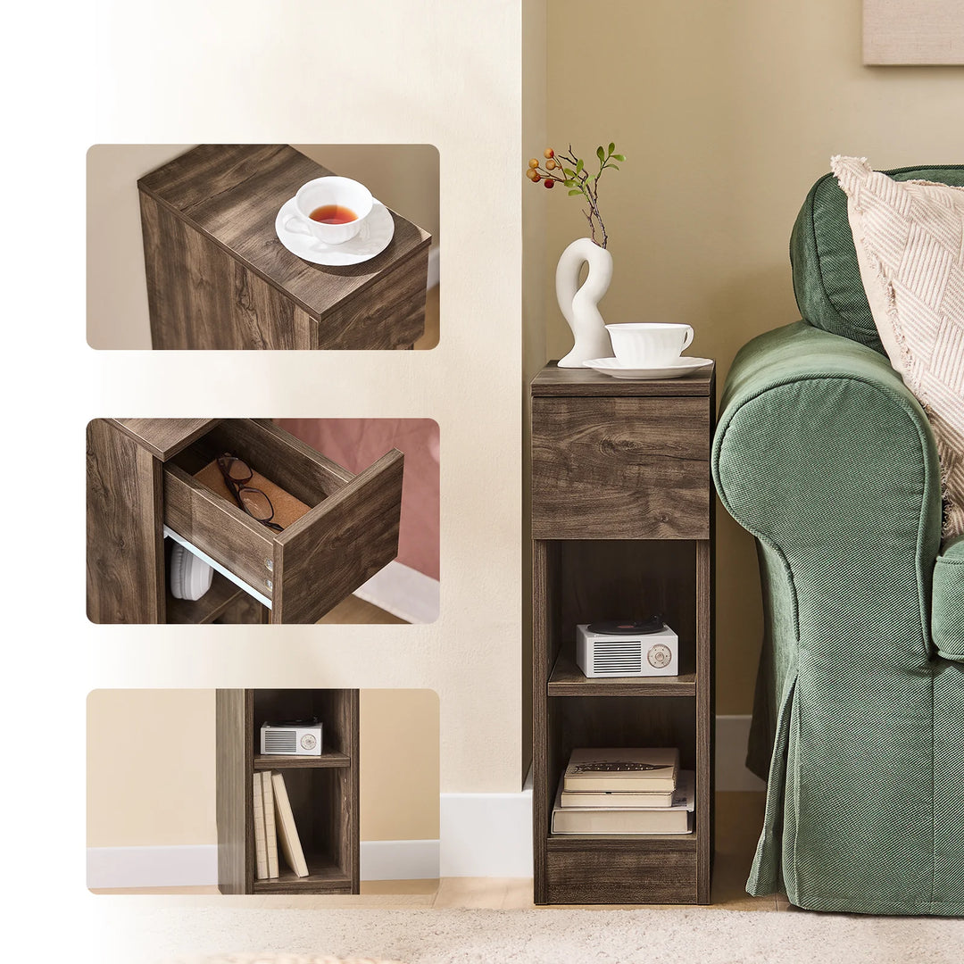 Elegant og pladsbesparende sengebord med skuffe i trælook (20 x 60 x 35 cm)