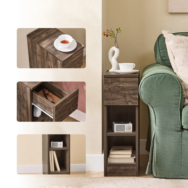 Elegant og pladsbesparende sengebord med skuffe i trælook (20 x 60 x 35 cm)