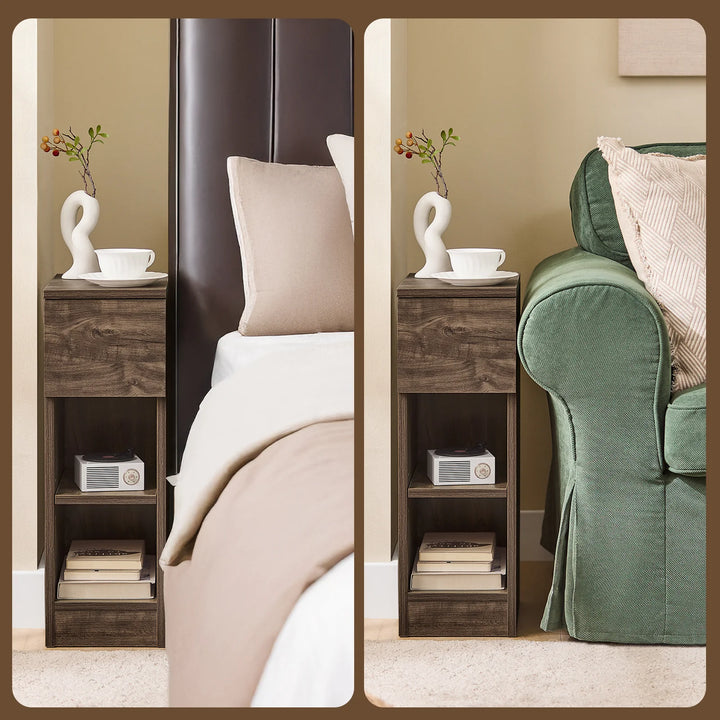 Elegant og pladsbesparende sengebord med skuffe i trælook (20 x 60 x 35 cm)