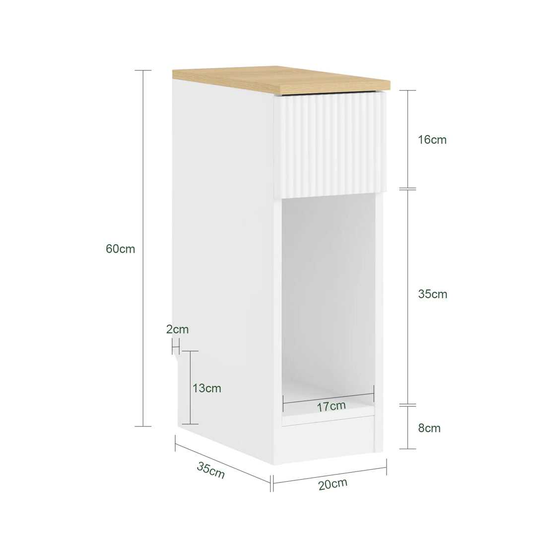 Stilfuldt, smalt sengebord med bølge-design og skuffe, hvid (20 x 60 x 35 cm)