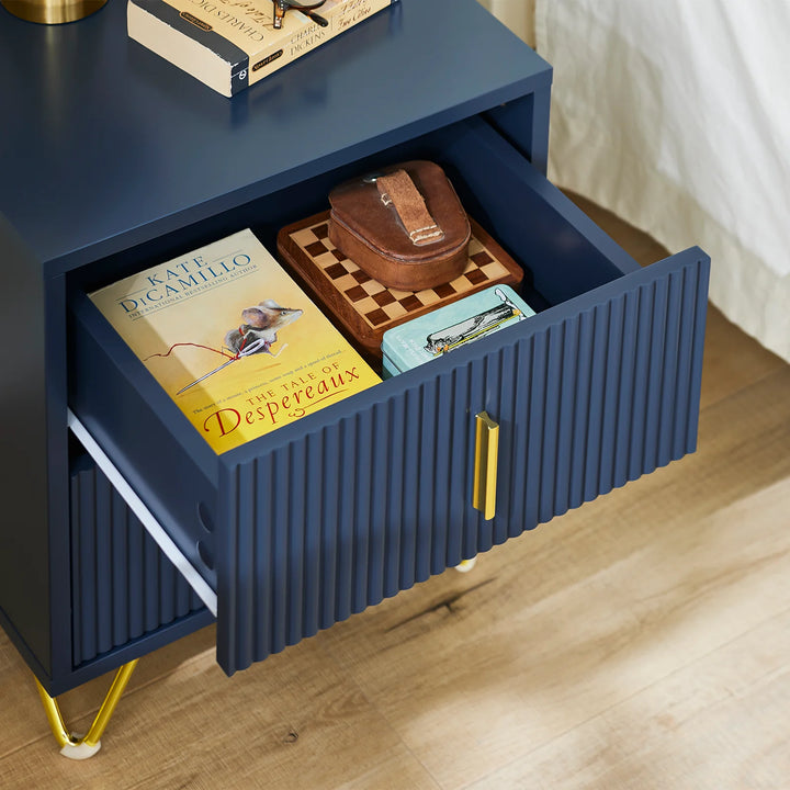 Moderne natbord med 2 skuffer – blåt sidebord til soveværelse og stue, mål 40 x 40 x 47 cm, lavet af MDF og metal