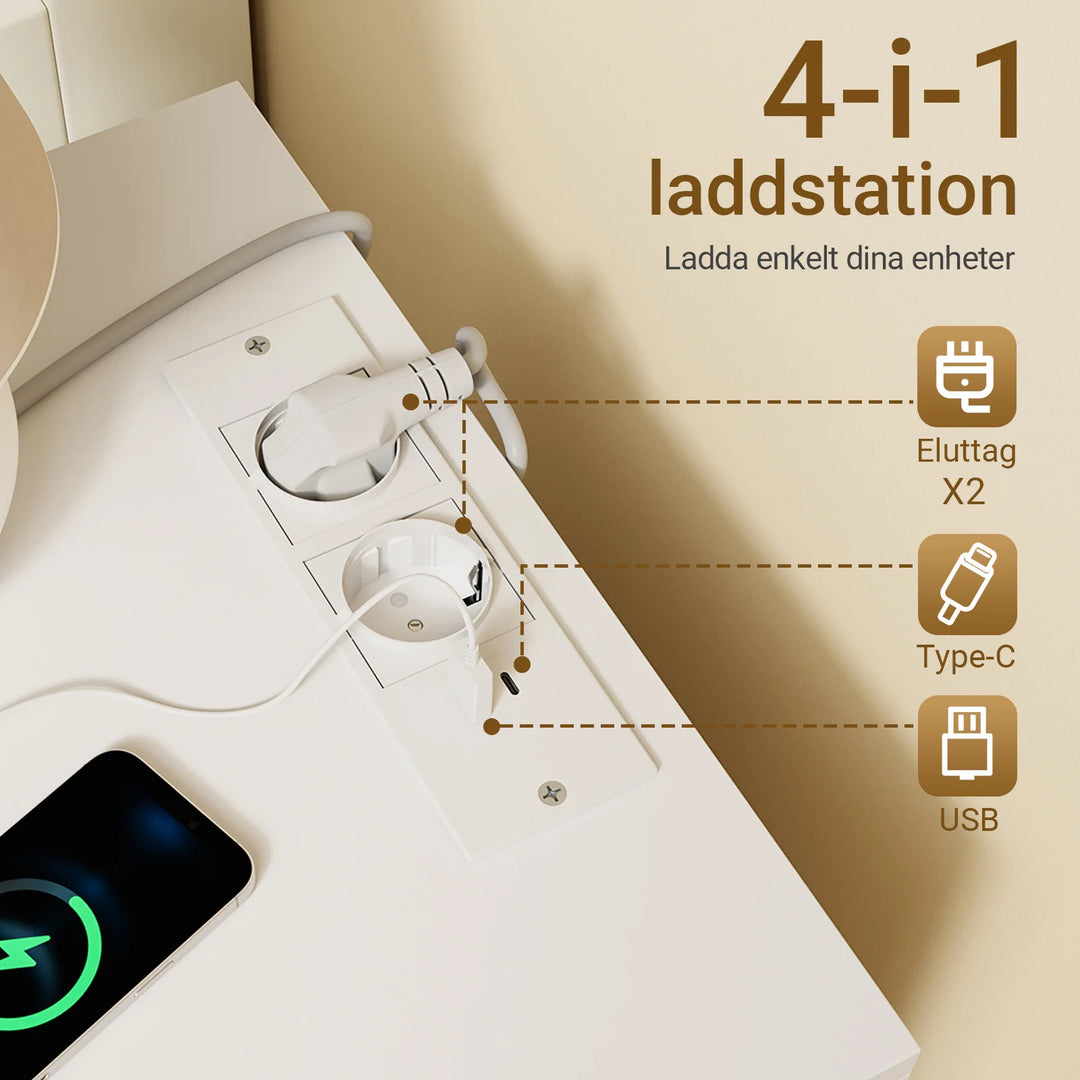 Natbord med ladestation og 3 skuffer – hvid med gulddetaljer