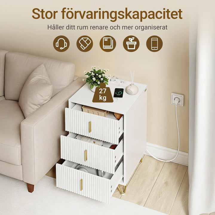 Natbord med ladestation og 3 skuffer – hvid med gulddetaljer