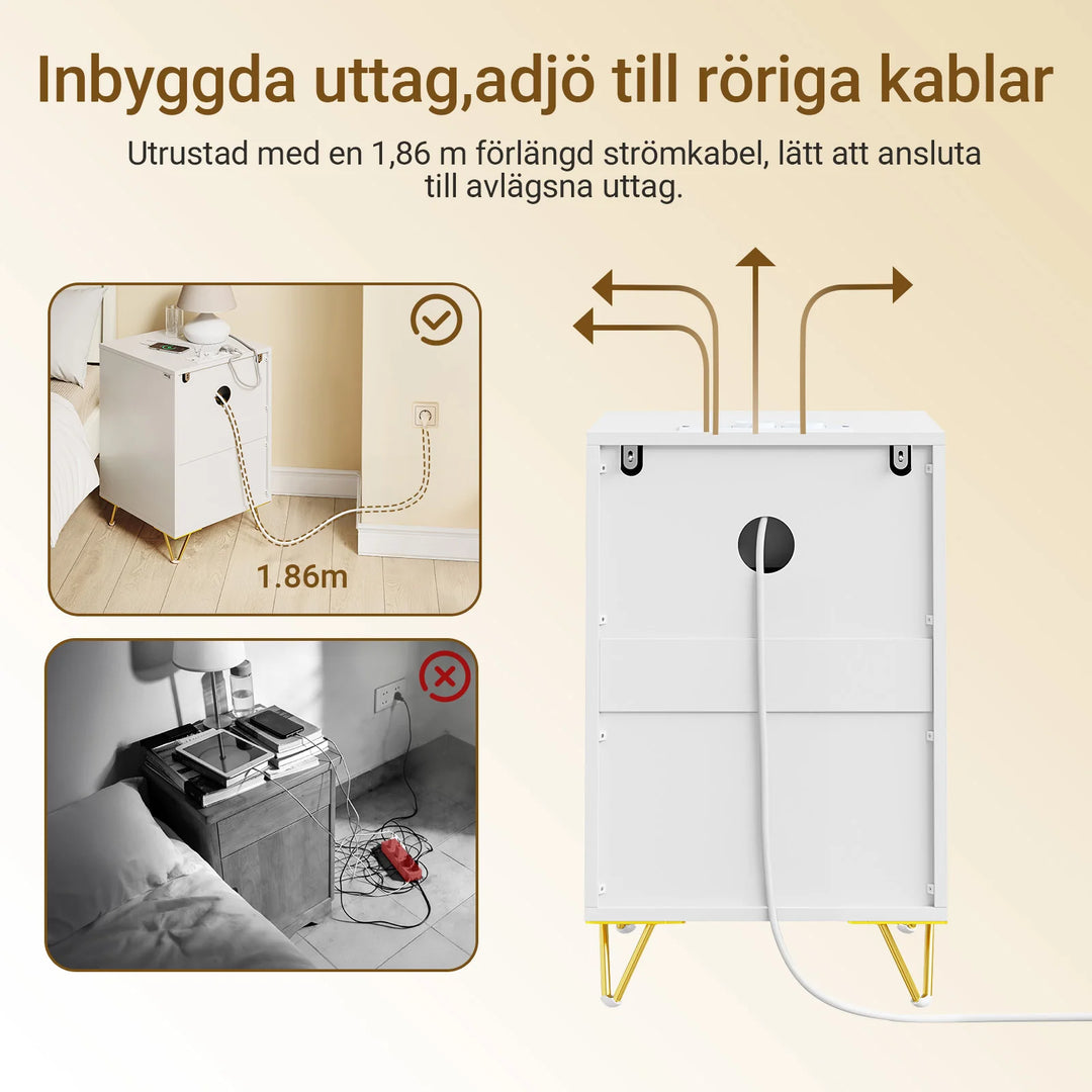 Natbord med ladestation og 3 skuffer – hvid med gulddetaljer