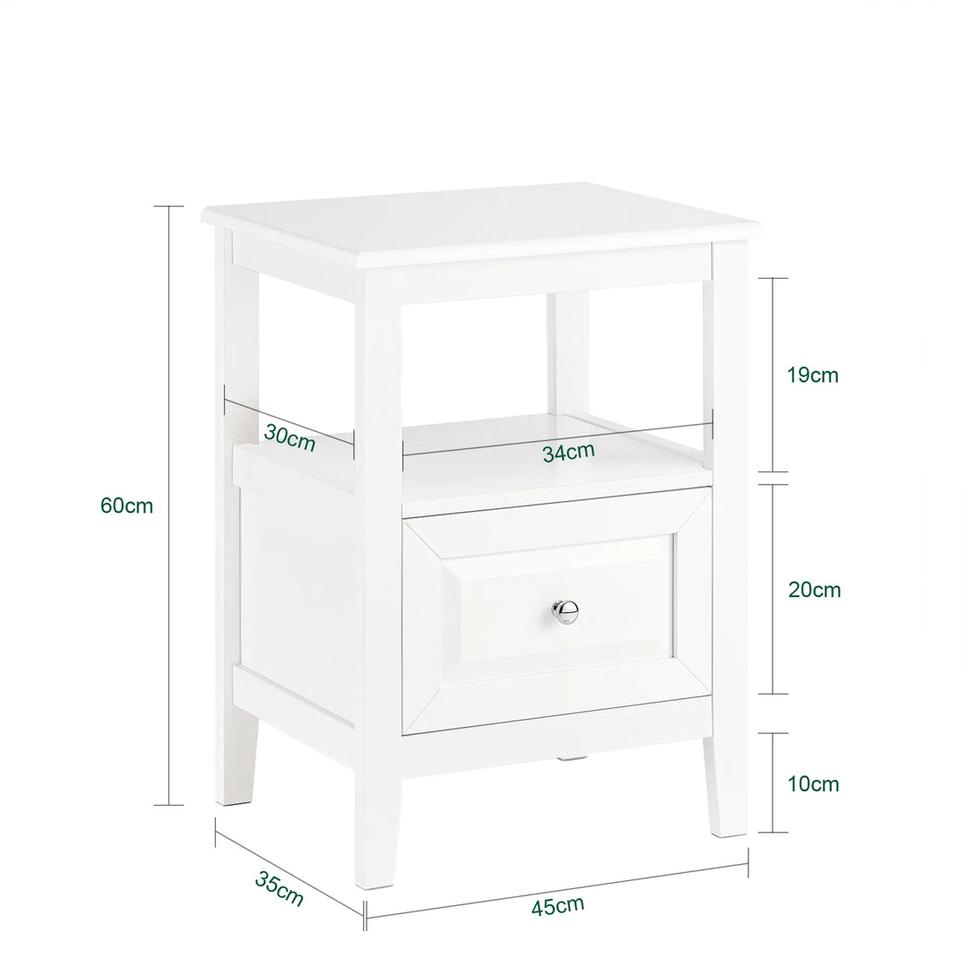 Skab en moderne atmosfære i dit hjem med dette kompakte og elegante sengebord i hvid (B45 x D35 x H60 cm)