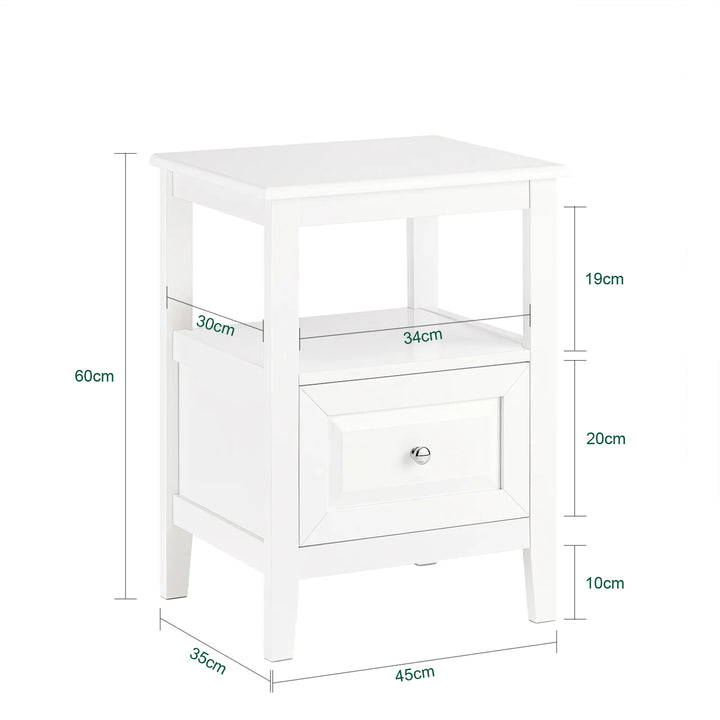 Skab en moderne atmosfære i dit hjem med dette kompakte og elegante sengebord i hvid (B45 x D35 x H60 cm)