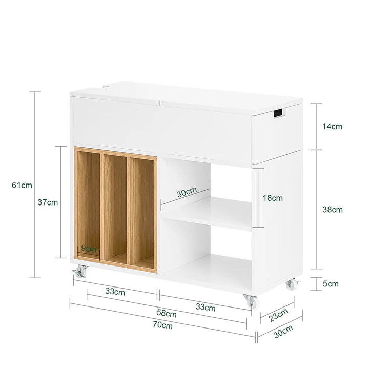 Praktisk sidebord med hjul til kontoret eller stuen, L70xB30xH61 cm, hvid