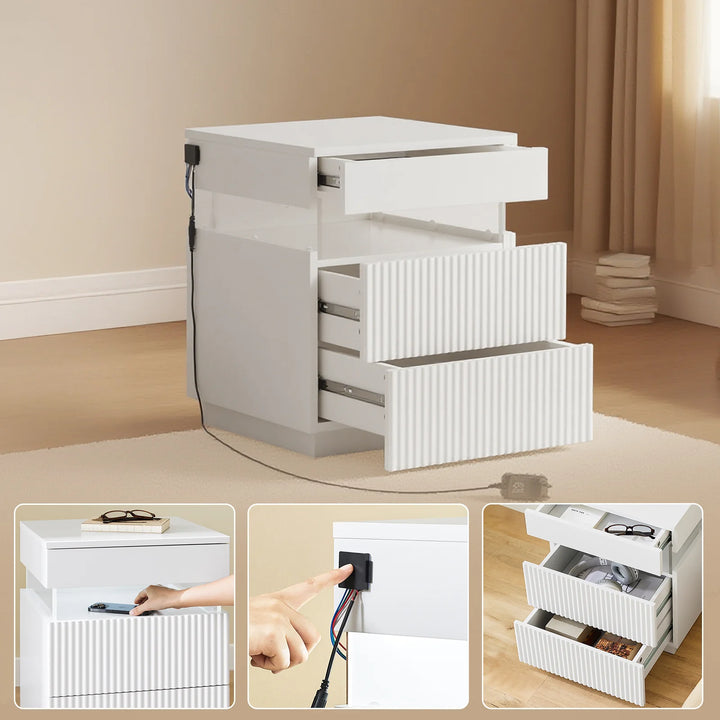 Optimal opbevaring: sengebord med 3 skuffer og ambient lys, B41 × D40 × H52cm