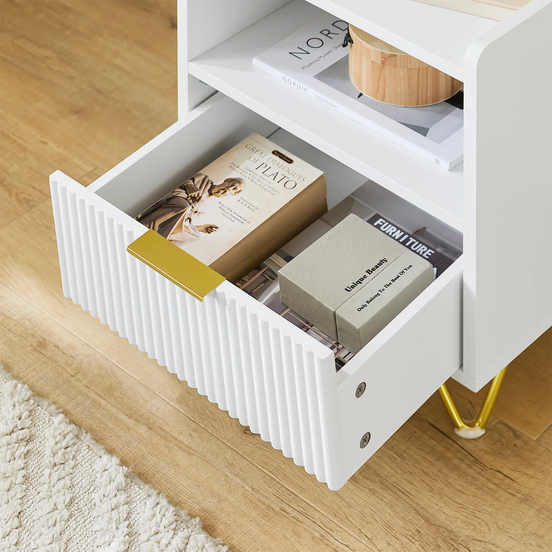 Moderne natbord med skuffe og opbevaringsrum – hvidt sidebord til soveværelse og stue, mål 40 x 40 x 51 cm