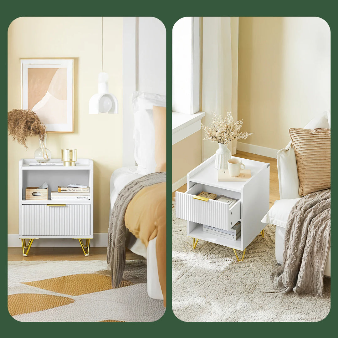 Moderne natbord med skuffe og opbevaringsrum – hvidt sidebord til soveværelse og stue, mål 40 x 40 x 51 cm