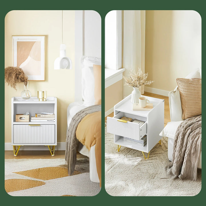 Moderne natbord med skuffe og opbevaringsrum – hvidt sidebord til soveværelse og stue, mål 40 x 40 x 51 cm