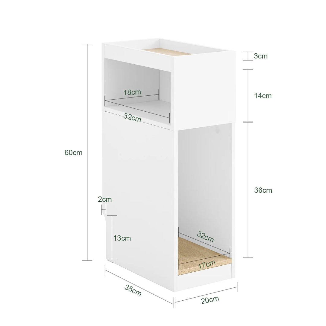 Smalt natbord i hvid med skuffe og hylde – moderne sidebord til soveværelse og stue, 20 × 35 × 60 cm