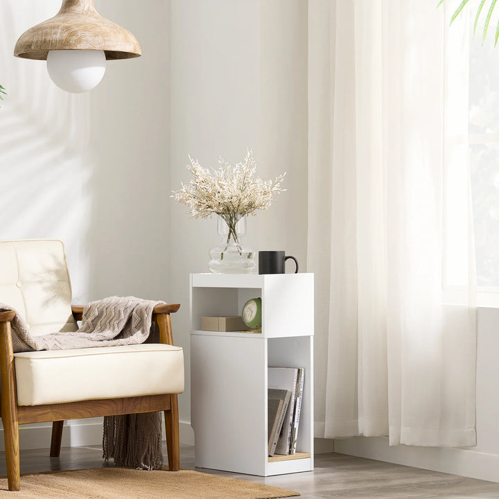 Smalt natbord i hvid med skuffe og hylde – moderne sidebord til soveværelse og stue, 20 × 35 × 60 cm