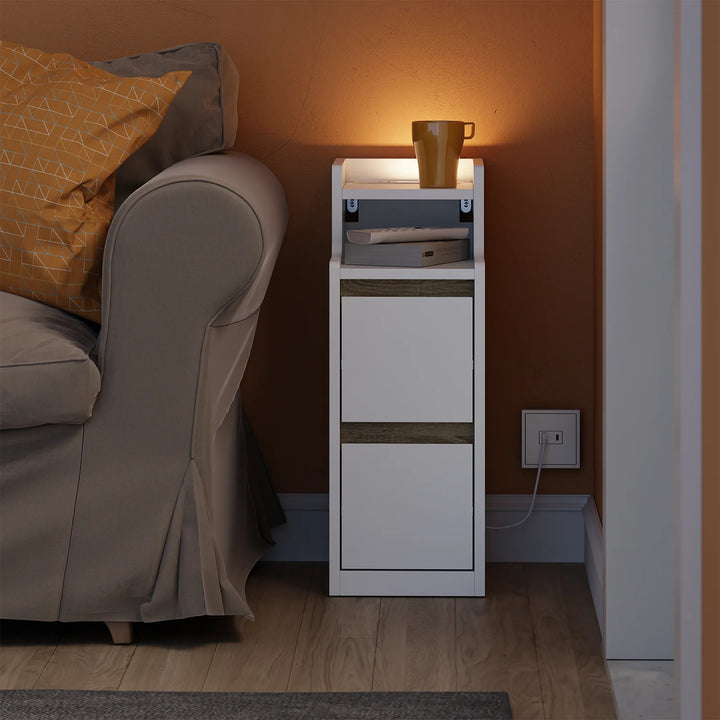 Ekstra smalt natbord med LED-lampe og USB-opladning